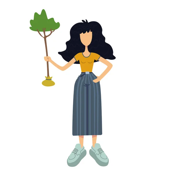 零废弃物平面卡通矢量插图.站着的女人抱着树苗.园艺。植树。准备在商业、动画、印刷设计中使用2d字符模板。孤立的喜剧英雄 — 图库矢量图片