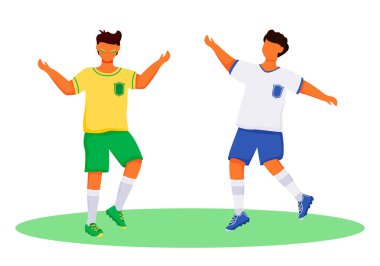 Spor giyimli Latin çocuklar düz renk vektörlü yüzsüz karakterler. Futbol hayranları. Ayakta duran genç. Sporcular. Brezilya karnavalı web grafik tasarımı ve animasyonu için izole edilmiş karikatür çizimi