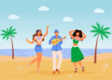 Plaj partisi düz renk vektör çizimi. Yazlık giysili kadınlar. Etnik kutlama. Ayakta duran erkek ukulele 2d karikatür karakterleri ile arka planda deniz bezi ve avuç içi