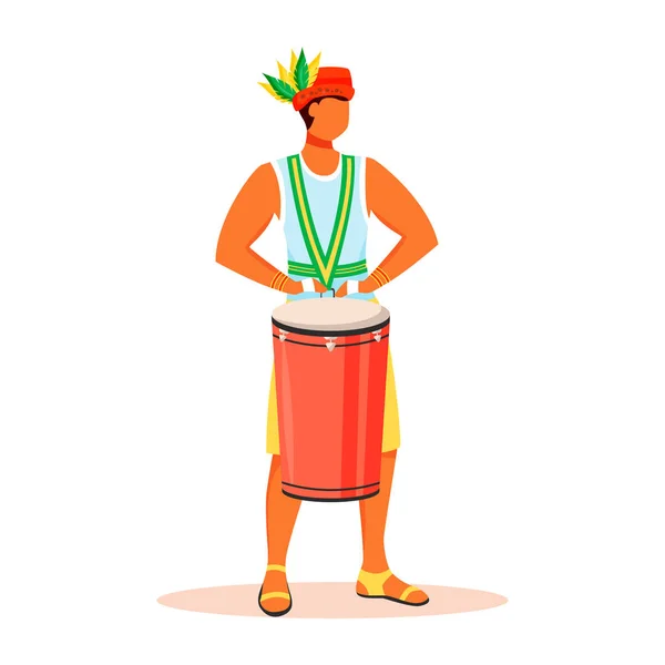 拉丁男子在单色和帽子扁平的颜色矢量无脸字符。巴西嘉年华桑巴音乐。站立的男性在tumbadora上玩孤立的卡通画，用于网页设计和动画制作 — 图库矢量图片