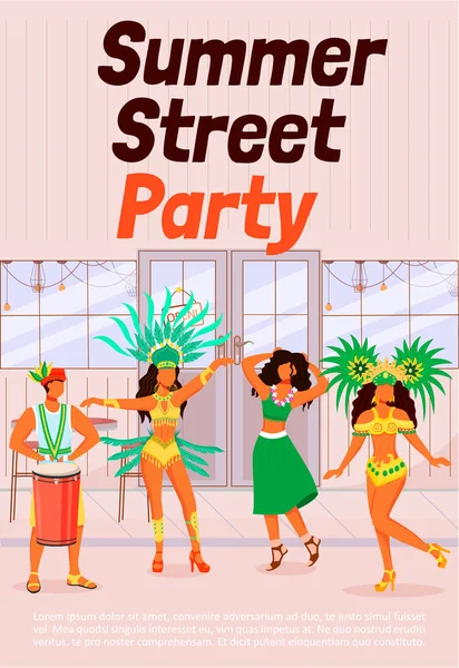 Summer Street parti poster düz vektör şablonu. Geleneksel kıyafetlerle dans eden kadınlar. Conga oynayan bir adam. Samba. Broşür, çizgi film karakterleriyle ilgili birinci sayfa konsept tasarımı. Karnaval broşürü, broşür — Stok Vektör