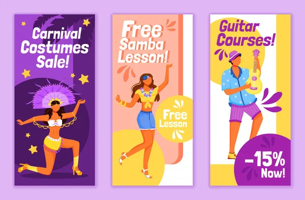 Ensemble de gabarits vectoriels plats pour carnaval brésilien. Leçon de samba gratuite mise en page de prospectus imprimable. Vente de costumes de fête. Gitar cours publicité web verticale bannière, histoires de médias sociaux — Image vectorielle