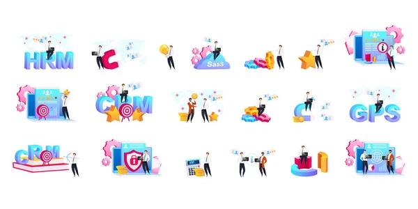 CRM flat concept vector illustrations set. Processes automation metaphors. Business optimization. Data analyzing. Client service improvement. Customer relationship management 2D cartoon characters — Stock Vector