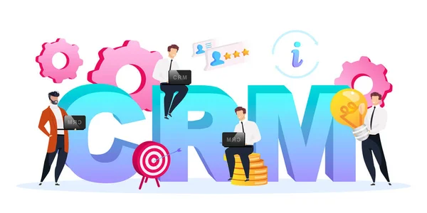 Crm ord begrepp platt färg vektor banner. Isolerad typografi med små seriefigurer. Förbättring av affärsprocesser. Hantering av kundrelationer kreativ illustration isolerad på vitt — Stock vektor