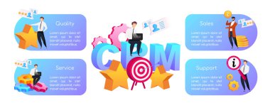 Crm düz renk vektörü bilgilendirme şablonu. Kalite ve hizmet. Poster, kitapçık, çizgi film karakterli Ppt sayfası tasarımı. Destek. Reklam broşürü, broşür, bilgi afişi fikri