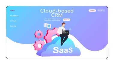 Bulut tabanlı Crm iniş sayfası düz renk vektör şablonu. Adam kümülüs anasayfasının üzerinde oturuyor. Saas bir sayfa web sitesi çizgi film karakteri arayüzü. Bilgisayar yazılımı web pankartı, web sayfası