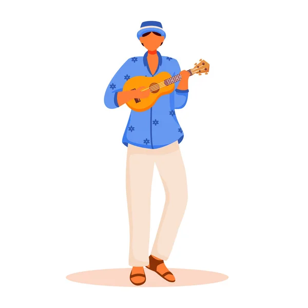 Homem latino em camisa azul e calças de cor plana personagem vetor sem rosto. Carnaval do Brasil. Macho de pé jogando em ukulele ilustração de desenho animado isolado para web design gráfico e animação —  Vetores de Stock