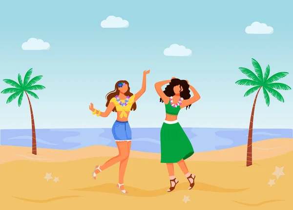 Brazil karnevál lapos színű vektor illusztráció. Nők nyári ruhában. Ünnepi felvonulás. Álló latin nők 2d rajzfilm karakterek tengeri és tenyér a háttérben — Stock Vector