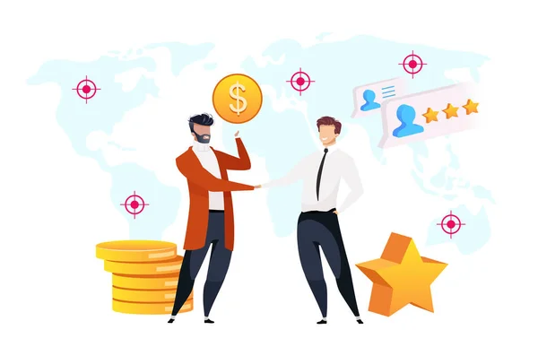 Sales intelligence flat concept vector illustration. Smiling men shake hands 2D cartoon characters for web design. Partnership. World map. High rating. Profit grows. Customer service creative idea — 스톡 벡터