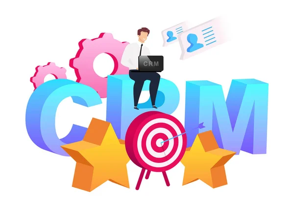 Improving information flat concept vector illustration. Smiling man sitting on word collection 2D cartoon character for web design. Arrow in target and stars. Cogwheels. CRM system creative idea — 스톡 벡터