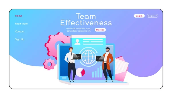 Team effectiviteit landing page platte kleur vector template. Lachende medewerkers homepage lay-out. Samenwerking een pagina website interface met stripfiguur. Partnerschap webbanner, webpagina — Stockvector