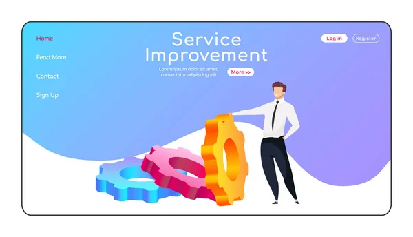 Service improvement landing page flat color vector template. Man reclining to cogwheel homepage layout. Software settings one page website interface with cartoon character. CRM web banner, webpage — Stock Vector