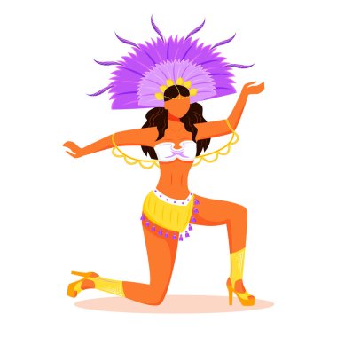 Samba yapan kız düz renk vektörü meçhul karakter. Topuklu giyen Latin kadın. Mor taç giymiş bir kadın. Dans eden kadın, web grafik tasarımı ve animasyonu için karikatür çizimlerini izole etti