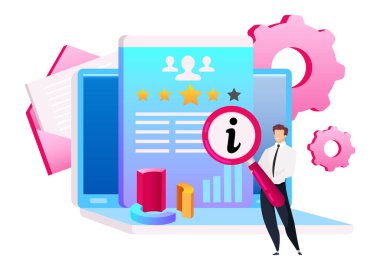 Büyüteç düz konsept vektör çizimi ile gülümseyen adam. Web tasarımı için analitik Crm 2d çizgi film karakteri. Mektup ve çark. Veri analizi. Diyagram yaratıcı fikri olan dizüstü bilgisayar