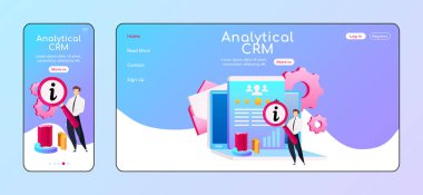 Analitik Crm uyarlamalı iniş sayfası düz renk vektör şablonu. Büyüteçle gezen bir erkek, PC ana sayfası. Bilgi işleme sayfası Ui. Dizüstü bilgisayar, diyagram web sayfası platform tasarımı