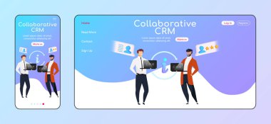 Ortak Crm uyarlamalı iniş sayfası düz renk vektör şablonu. Gülümseyen iş adamları cep telefonu, PC ana sayfa düzeni. Müşteri veri paylaşımı bir sayfa Ui. İşbirliği web sayfası platform tasarımı
