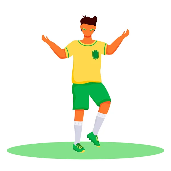 サッカーファンフラットカラーベクトル顔のない文字。頬にブラジルの旗の色のストリップとティーンエイジャーを立っている。スポーツウェア孤立した漫画のイラストでラティーノの男の子のためのウェブデザインとアニメーション — ストックベクタ
