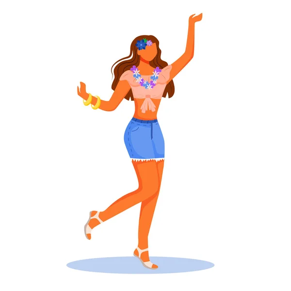 Танцююча дівчина плоский колір вектор безликий персонаж. Жінка в квітковому прикрасі тіла. Традиційний фестиваль. Стояча латиноамериканка ізольована мультяшна ілюстрація для веб-графічного дизайну та анімації — стоковий вектор