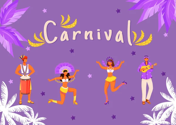 Karneval Banner flache Vektorvorlage. horizontales Plakat mit Konzeptdesign. Brasilianische Parade. Männer, die auf Tumbadora Cartoon-Illustrationen mit Typografie spielen. Tanzende Frauen auf lila Hintergrund — Stockvektor