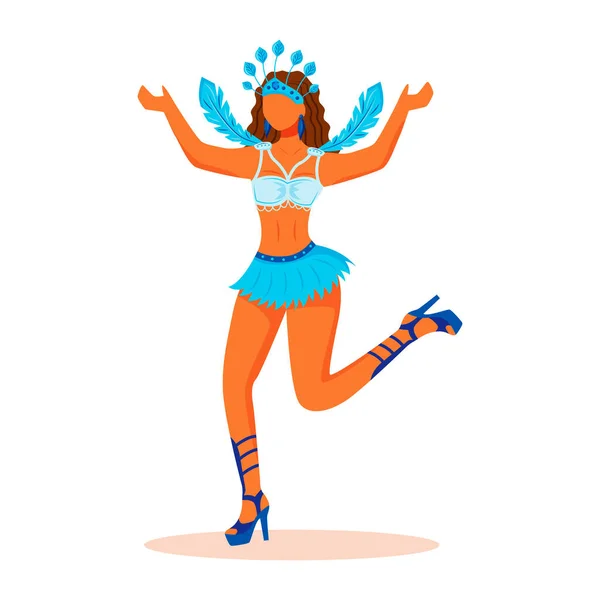 Samba penari datar warna vektor wajah karakter. Wanita dengan pakaian karnaval biru dengan bulu. Perempuan di atas dan rok pendek mengisolasi ilustrasi kartun untuk desain grafis web dan animasi - Stok Vektor