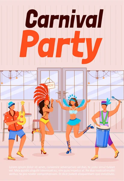 Karnaval partisi poster düz vektör şablonu. Şenlik elbiseli kadınlar. Ukulele ve conga oynayan adamlar. Broşür, çizgi film karakterleriyle ilgili birinci sayfa konsept tasarımı. Etnik tatil broşürü, broşür.