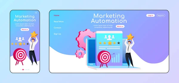 Modello vettoriale a colori piatto di marketing automation adaptive landing page. Maschio sorridente con stella mobile, layout homepage PC. Freccia nella pagina di destinazione interfaccia utente del sito web. Pagina web del servizio clienti progettazione multipiattaforma — Vettoriale Stock