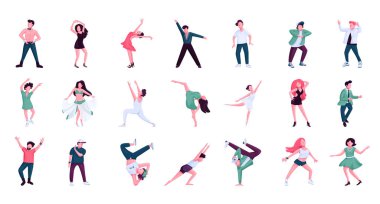 Düz renk vektör yüzsüz karakterler seti. Bale, hip hop erkek ve kadın dansçılar. Tarihsel ve çağdaş dans stilleri beyaz arkaplanda izole edilmiş çizgi film çizimleri
