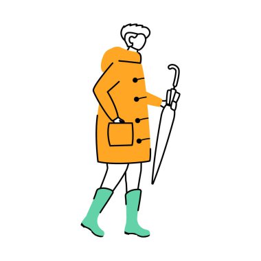 Düz çizgili yağmurluk giymiş bir adam. Yağmurlu bir hava. Elinde şemsiyesi olan erkek, beyaz arka planda izole edilmiş çizgi film karakteri. Çizmeli yürüyen adam basit bir çizim yaptı.