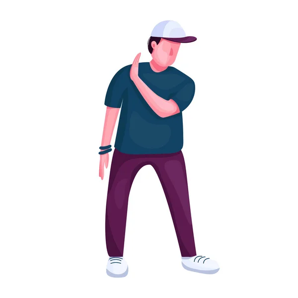 Teenager dancing flat color vector faceless character. Stylish guy showing refuse gesture. Modern break dance performer isolated cartoon illustration for web graphic design and animation — Stock Vector