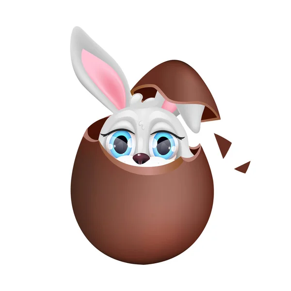 Cute króliczek siedzi w czekoladzie jajko kawaii postać z kreskówki. Świąteczny symbol. Uroczy i zabawny zwierzak rówieśnik słodkich jaj odizolowanych naklejki, patch. Anime dziecko królik, podstępny zając emoji na białym — Wektor stockowy