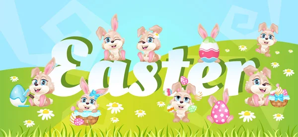 Easter spring holiday word concepts flat color vector banner. Adorable rabbits. Isolated typography with tiny kawaii bunnies cartoon characters on meadow grass background. Pascha creative illustration — Stock Vector
