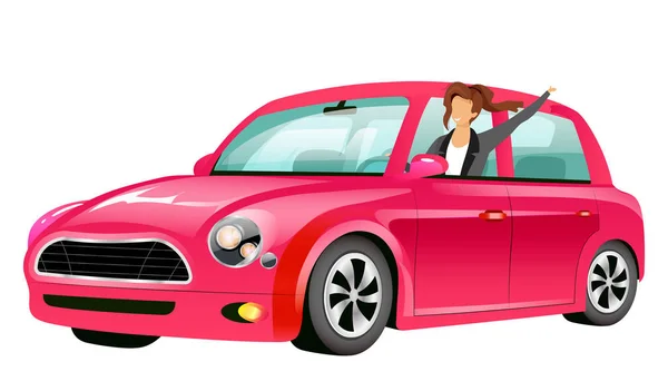 Mädchen fahren rosa Mini-Küfer flache Farbvektor gesichtslosen Charakter. Lächelnde junge Dame im Auto isoliert Cartoon-Illustration für Web-Grafik-Design und Animation. Glückliche Frau auf Roadtrip — Stockvektor