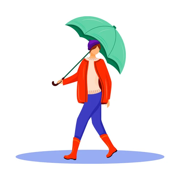 Femme en pull et veste rouge couleur plate vecteur caractère sans visage. Femme caucasienne en bottes de gomme. Le temps est humide. Femme avec parapluie dans la main dessin animé isolé illustration sur fond blanc — Image vectorielle