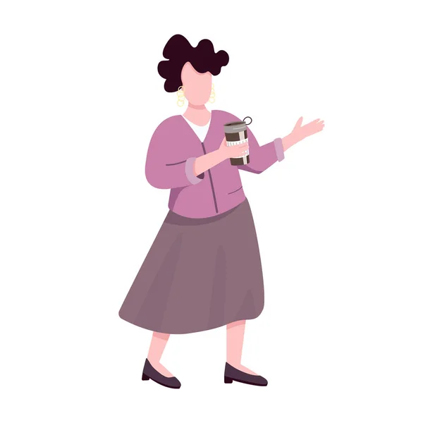 Elegáns felnőtt nő termo bögre lapos színű vektor arctalan karakter. Fehér középkorú hölgy kezében hordozható fém kávéscsésze elszigetelt rajzfilm illusztráció web grafikai tervezés, animáció — Stock Vector