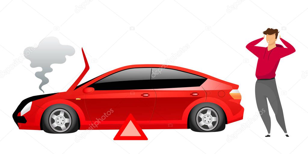 Guy standing by broken car flat color vector faceless character. Automobile breakdown isolated cartoon illustration for web graphic design and animation. Stunned owner near smoking sedan