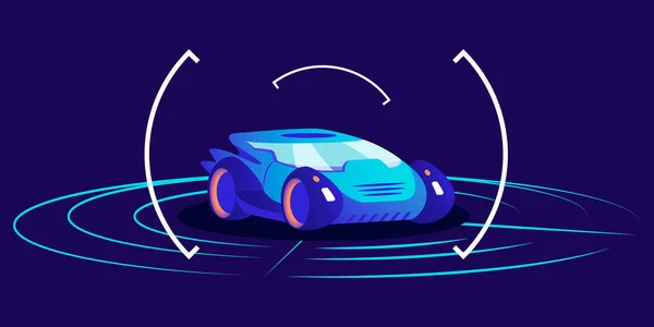 Förarlösa bil platt färg vektor illustration. Futuristiska autonoma transporter, självkörande bil på blå bakgrund. Gränssnitt för smarta transportdetekteringssystem, virtuellt showroom-koncept — Stock vektor