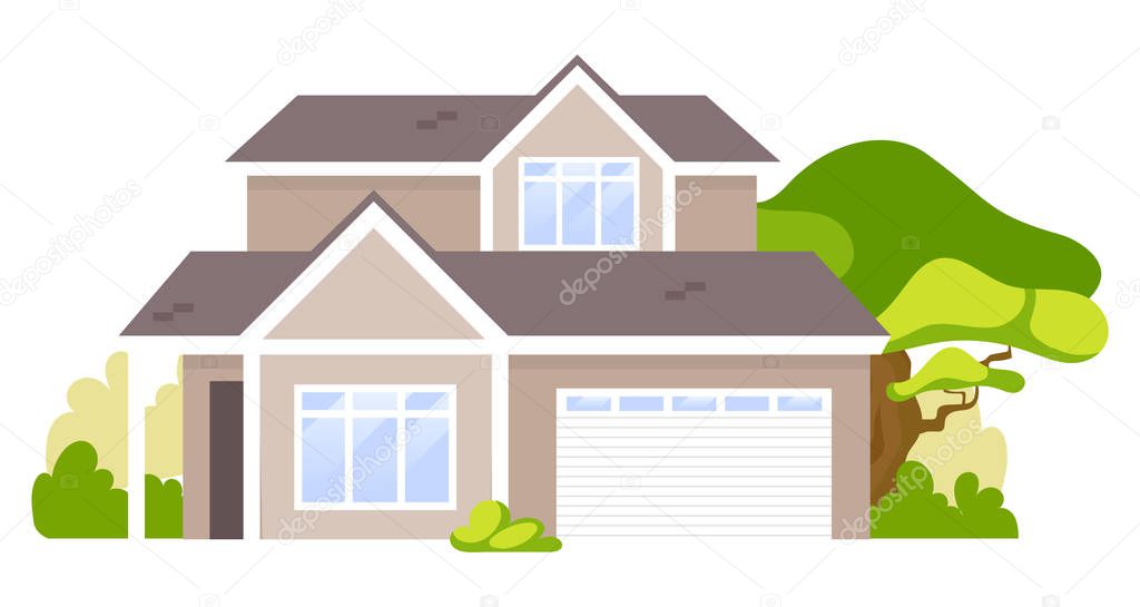 Suburban house cartoon vector illustration. Summer cottage, country house flat color object. Real estate facade, townhouse front view. Two story building, villa isolated on white background