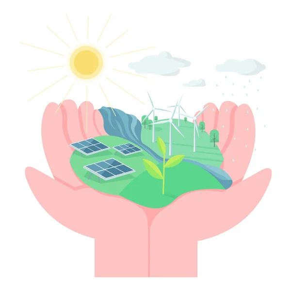 Environment protection flat concept vector illustration. Hands holding land with solar panels and wind turbines. Eco friendly living 2D cartoon element for web design. Use alternative energy creative — Stock Vector