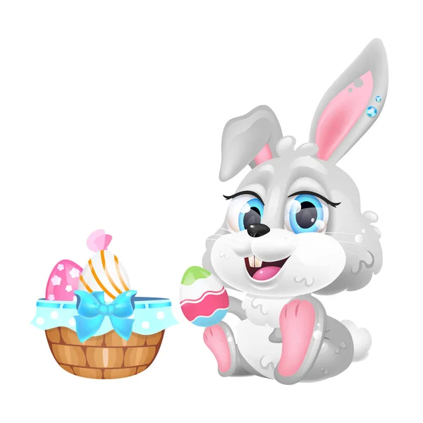 可爱的复活节兔子与蛋篮卡瓦卡通人物。可爱而有趣的动物春季彩蛋狩猎标志着孤立贴纸、贴片.白色背景的模拟小兔子情歌 — 图库矢量图片