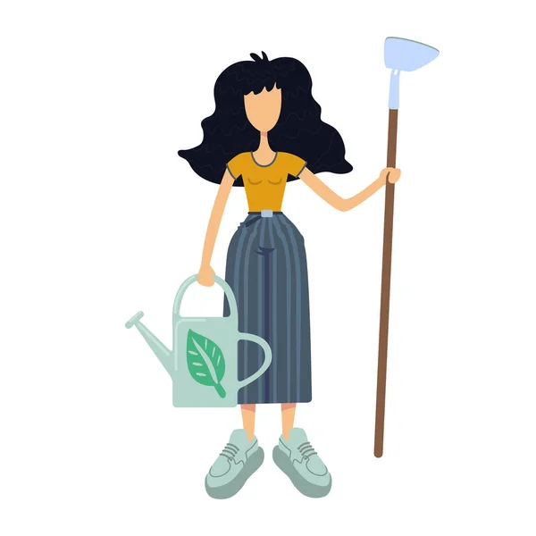 Zero waste flat cartoon vector illustration. Standing woman holds watering can and hoe. Agriculture. Ready to use 2d character template for commercial, animation, printing design. Isolated comic hero — Stock Vector