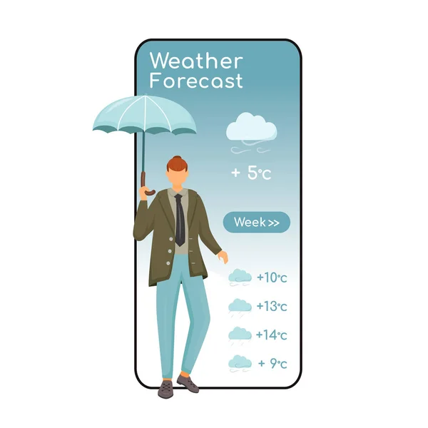 Previsioni meteo cartone animato smartphone vettoriale schermo dell'app. Display per cellulare con design piatto del personaggio. Maschio con ombrello. Uomo caucasico in giacca. Interfaccia telefonica per applicazioni meteorologiche — Vettoriale Stock