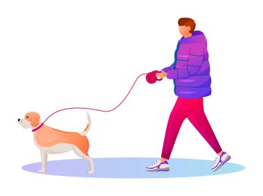 Gradyan ceketli adam düz renk vektörü yüzsüz karakter. Beyaz adam köpeğini gezdiriyor. Yağmurlu bir gün. Islak hava. Spor ayakkabılı şık erkek beyaz arka planda karikatür çizimi