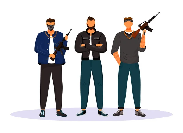 Criminal pandilla plana vector de color sin rostro carácter. Grupo de gángsteres, terroristas armados. Mafia, sindicato. Mafia. Crimen organizado ilustración de dibujos animados aislados para el diseño gráfico web y la animación — Archivo Imágenes Vectoriales