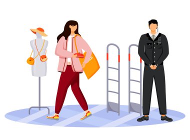 Shoplifting flat color vector faceless character. Kleptomania. Store theft. Woman stealing purse from shop. Thief and security guard in shopping mall. Larceny. Isolated cartoon illustration clipart