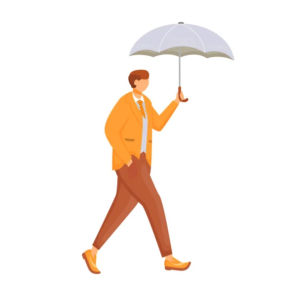 Man in orange jacket flat color vector faceless character. Rainy weather. Autumn wet day. Male with umbrella. Walking caucasian guy in suit isolated cartoon illustration on white background — Stock Vector
