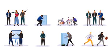 Suç faaliyeti düz renk vektörü meçhul karakterler ayarlandı. Organize suçlar. Gangsterler, gruplar. Sokak soygunu. Para, mülk hırsızlığı. Beyaz arkaplanda izole çizgi film çizimleri