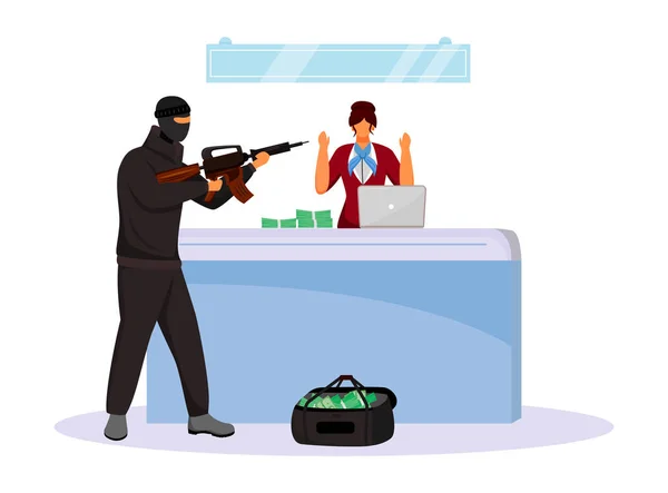 Bewaffneter Raubüberfall Flachfarbvektor Gesichtslosen Charakter Kriminelle Bedrohen Bankangestellte Mit Waffe — Stockvektor