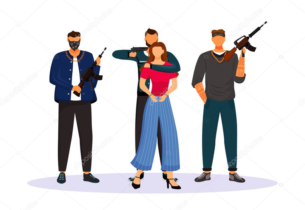 Criminal grouping with tied hostage flat color vector faceless character. Woman seized by armed gangsters. Girl kidnapped by criminals. Isolated cartoon illustration