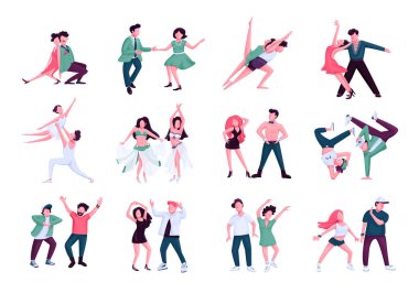 Partner dans düz renk vektörsüz karakterler kümesi. Tango, rumba, erkek ve kadın sanatçılar. Gece kulübünde dans eden insanlar beyaz arka planda karikatür çizimleri yapıyorlar.