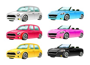 Arabaların düz renk vektör nesneleri ayarlandı. Mini Cooper ve Cabriolet 2d beyaz arkaplanda izole edilmiş karikatür çizimleri. Çatısız lüks otomobil ve farklı renklerde klasik kişisel ulaşım